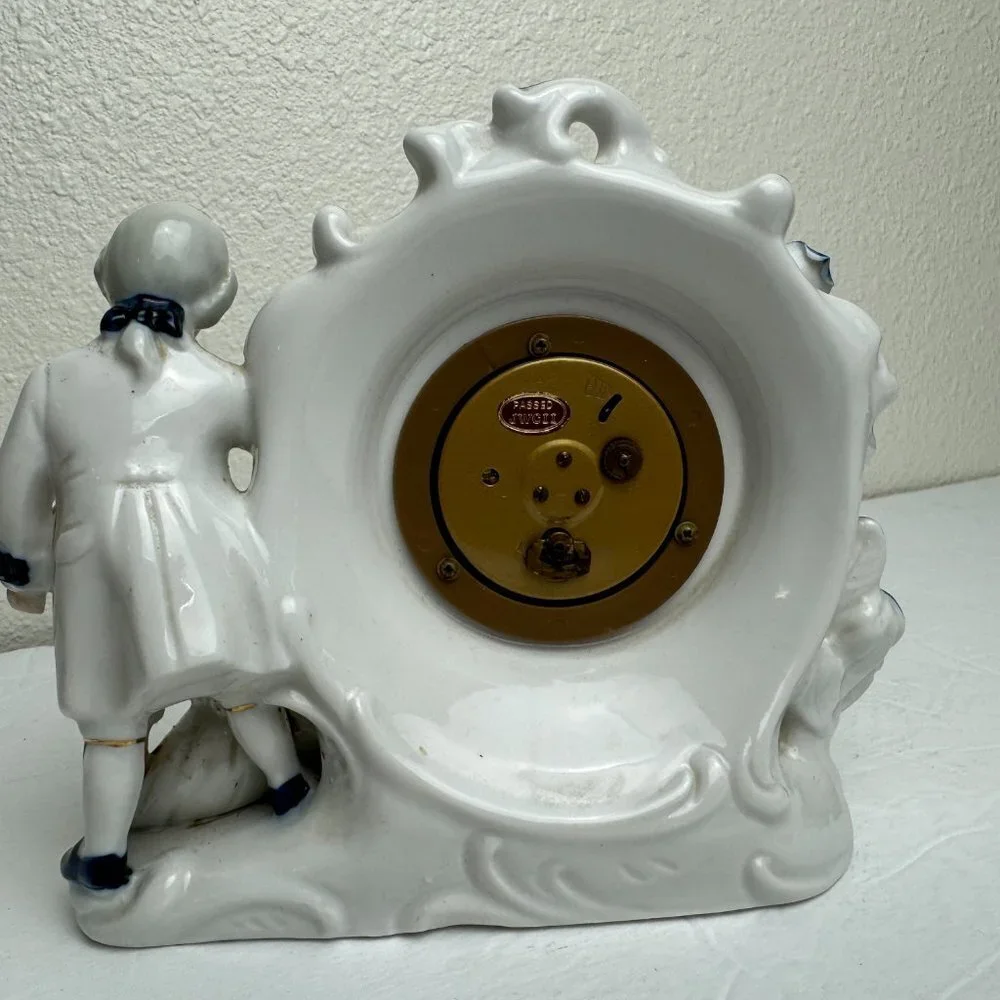 Vintage  Victorian Porcelain Figurines Blue & White & Gold Alarm Clock